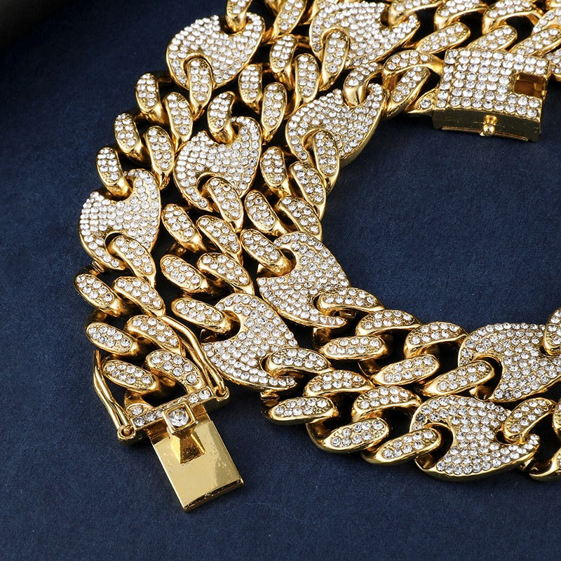 Hip hop set icedout puff mariner Cuban link necklace bracelet gold Plated #13