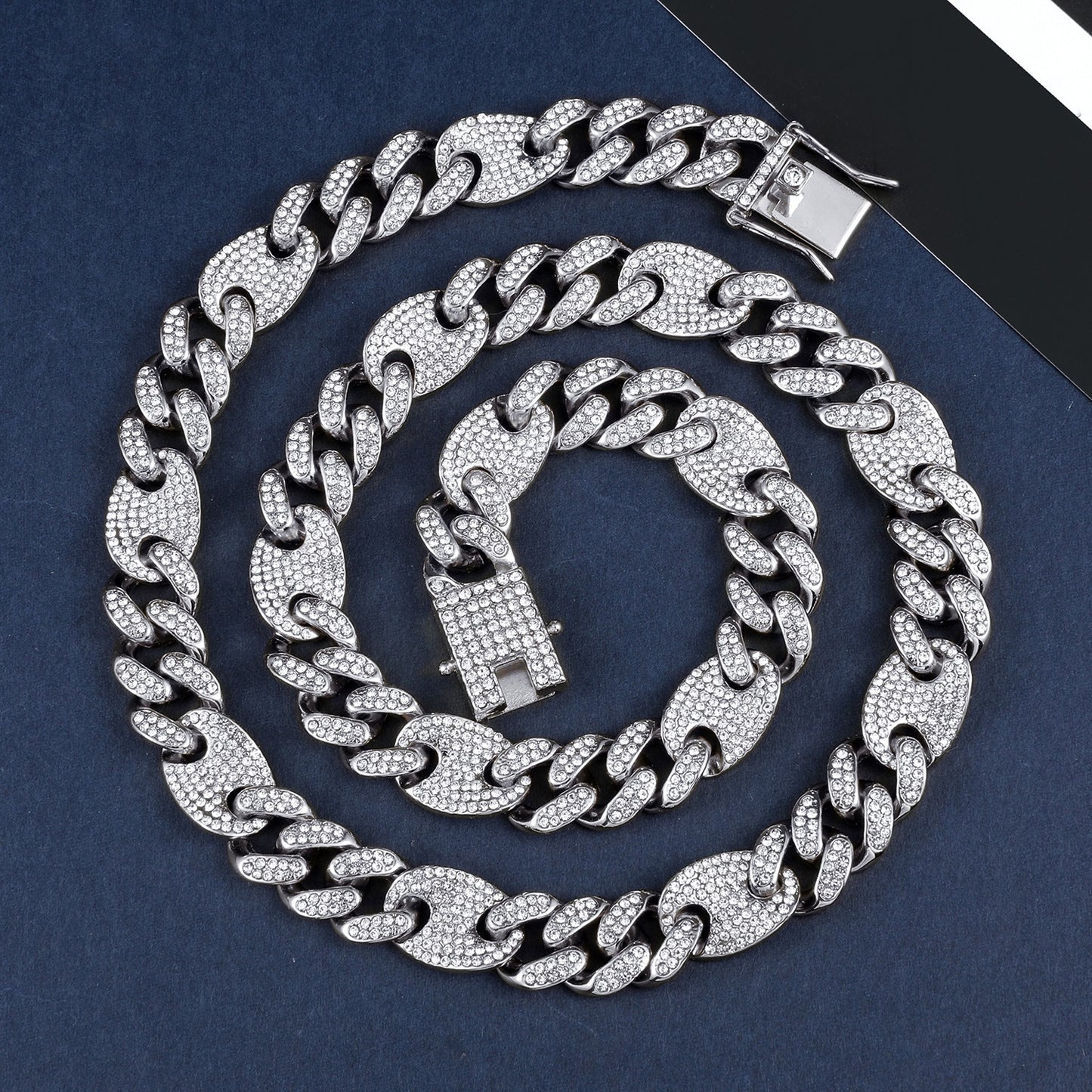 Hip hop set icedout puff mariner Cuban link necklace bracelet silver color gold Plated