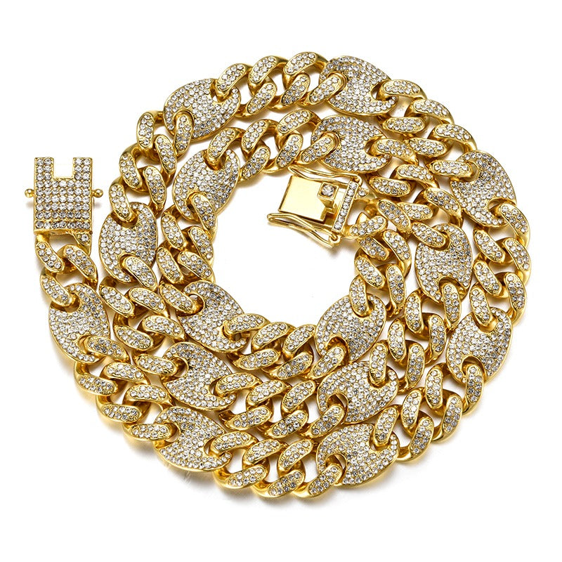 Hip hop set icedout puff mariner Cuban link necklace bracelet gold Plated #13