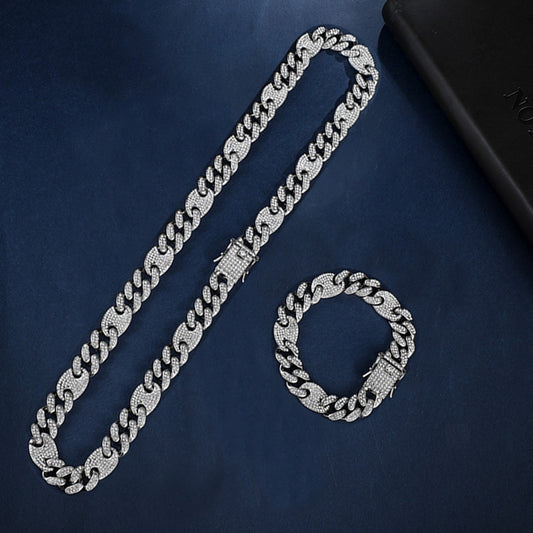 Hip hop set icedout puff mariner Cuban link necklace bracelet silver color gold Plated #201