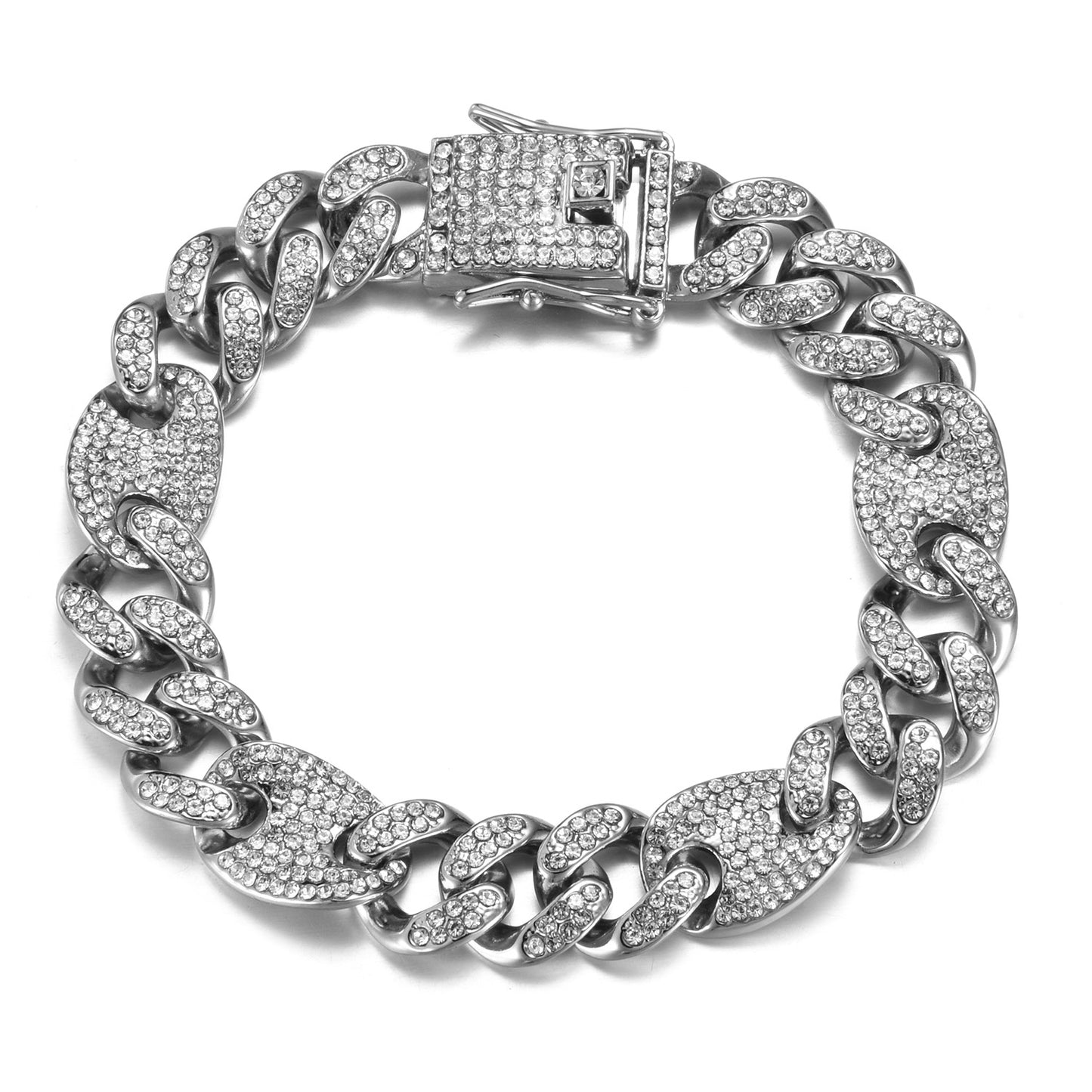 Hip hop set icedout puff mariner Cuban link necklace bracelet silver color gold Plated