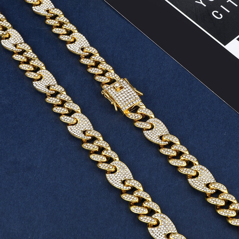 Hip hop set icedout puff mariner Cuban link necklace bracelet gold Plated #13