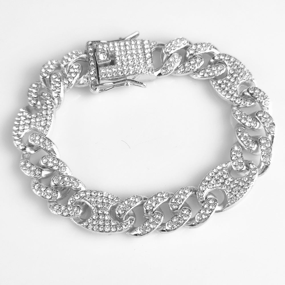 Hip hop set icedout puff mariner Cuban link necklace bracelet silver color gold Plated