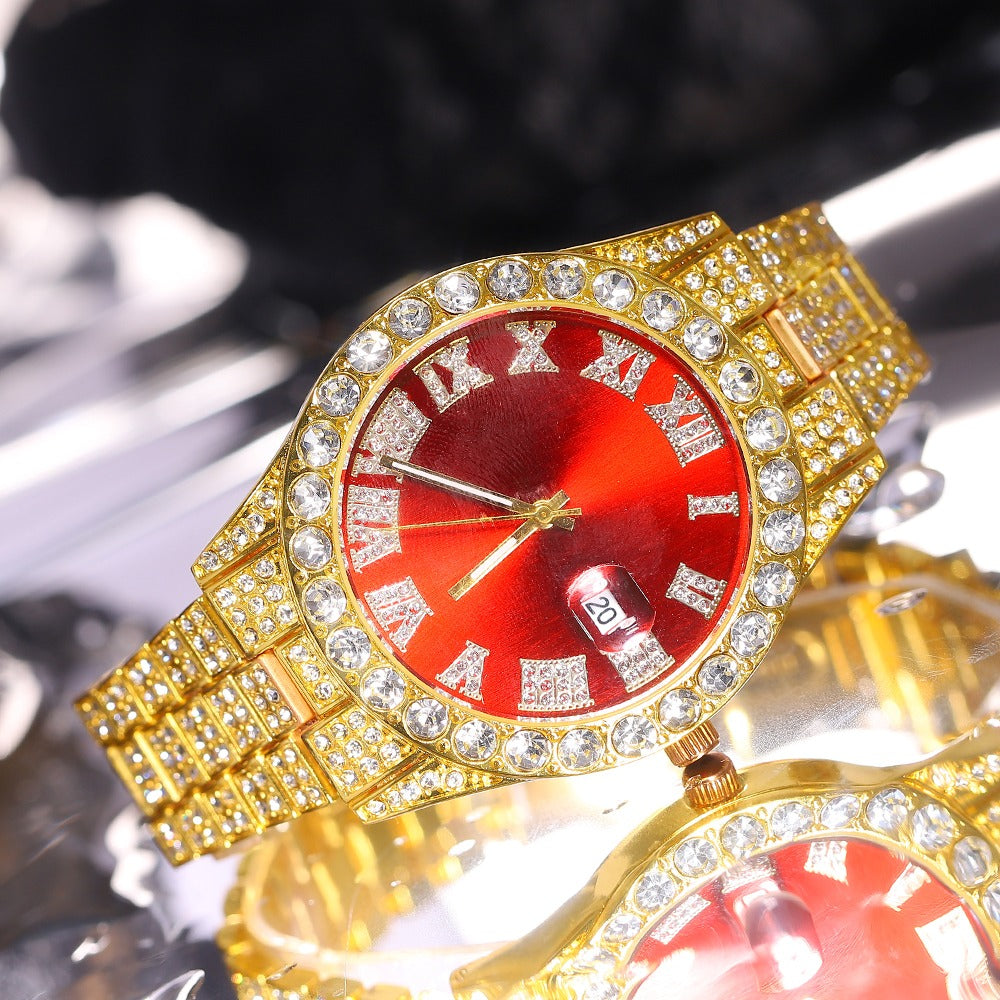 Hip hop set icedout double tennis necklace bracelet watch red face gold Plated #14