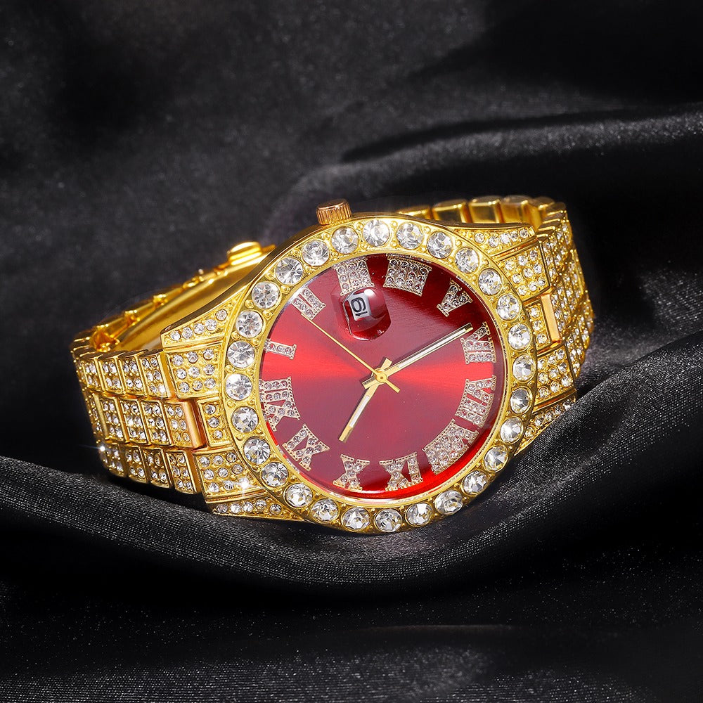 Hip hop set icedout double tennis necklace bracelet watch red face gold Plated #14