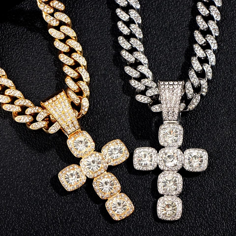 18k Layered Real Gold Plated icedout hip hop cross pendant charm with icedout chain #48