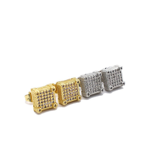 18k Layered Real Gold Plated icedout pave settings hip hop 3D square earrings #23