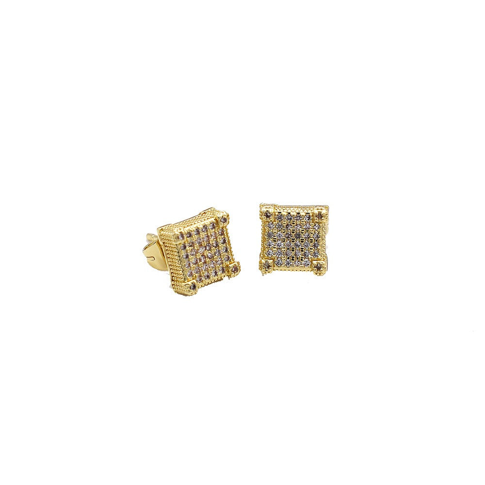 18k Layered Real Gold Plated icedout pave settings hip hop 3D square earrings #23