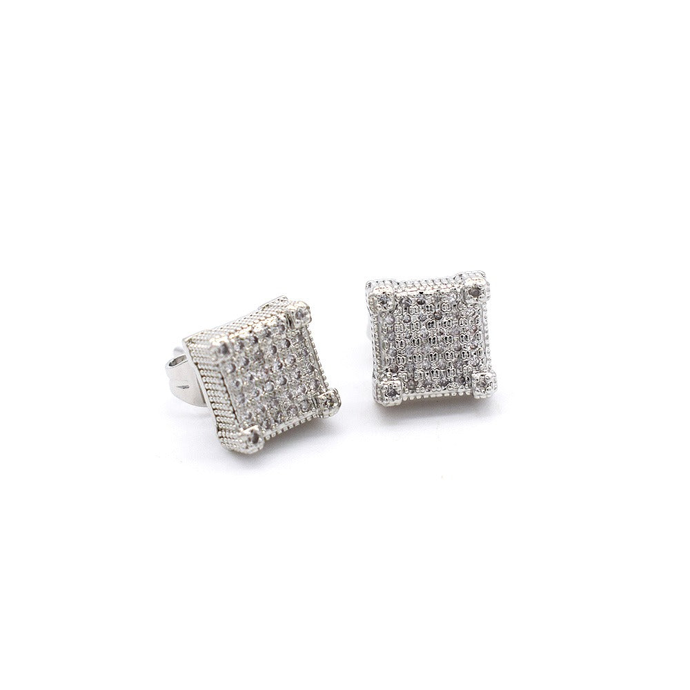 18k Layered Real Gold Plated icedout pave settings hip hop 3D square earrings #23