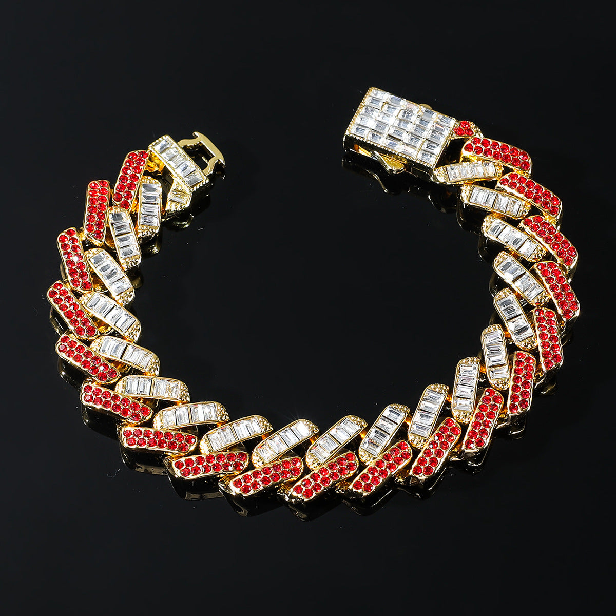 Hip hop set icedout red stone necklace bracelet gold Plated #15