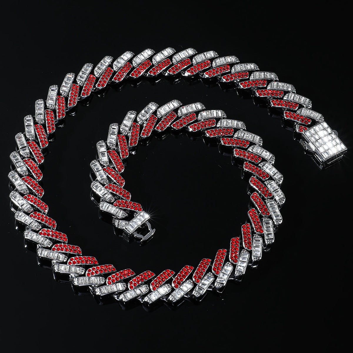 Hip hop set necklace bracelet red color stones silver Layered Real Gold Plated icedout