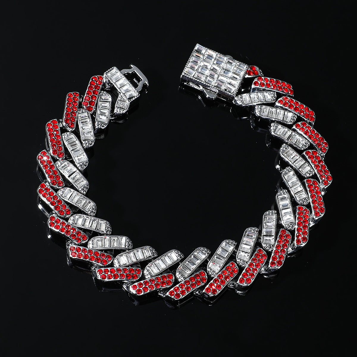 Hip hop set necklace bracelet red color stones silver Layered Real Gold Plated icedout