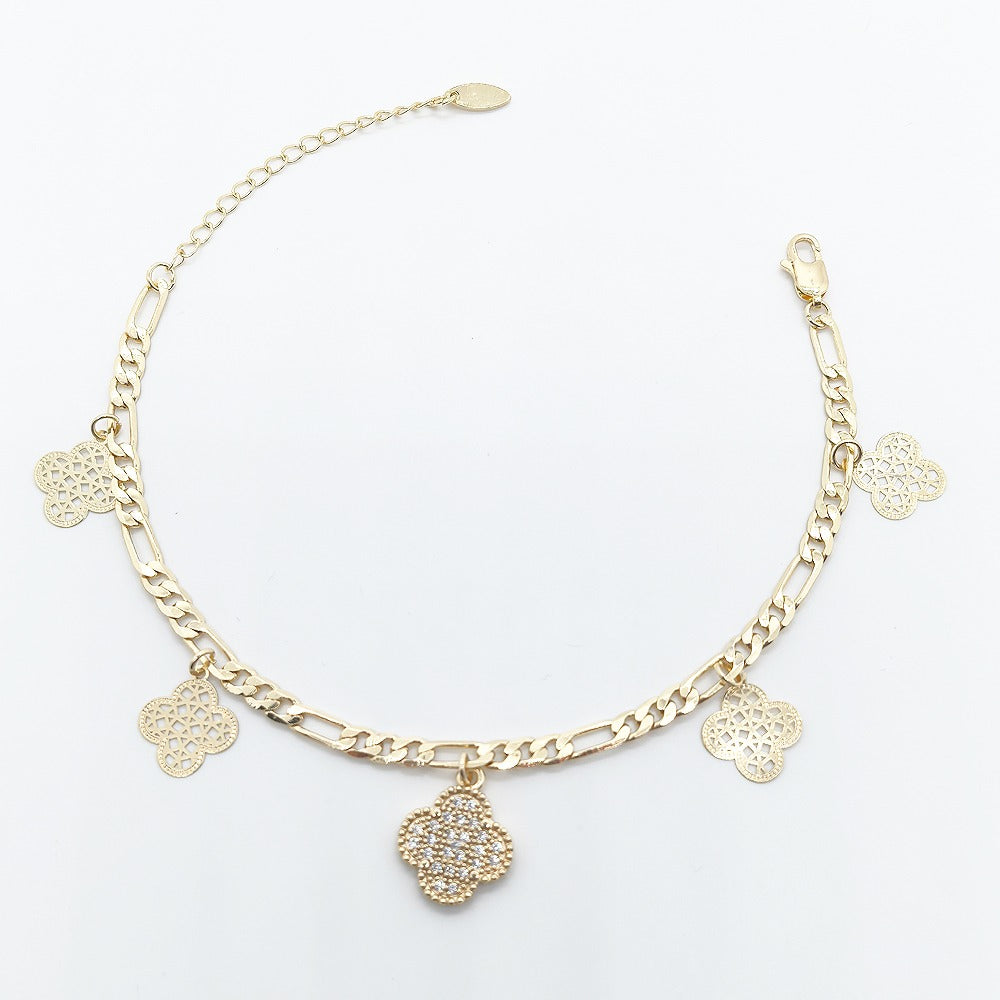 18k Layered Real Gold Filled Figaro link anklet bracelet with flowers charm 10 inches #45