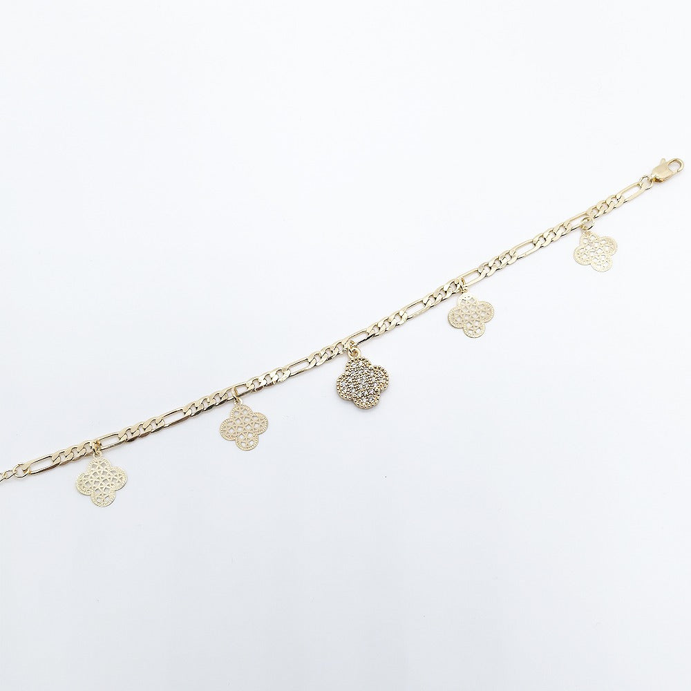 18k Layered Real Gold Filled Figaro link anklet bracelet with flowers charm 10 inches #45