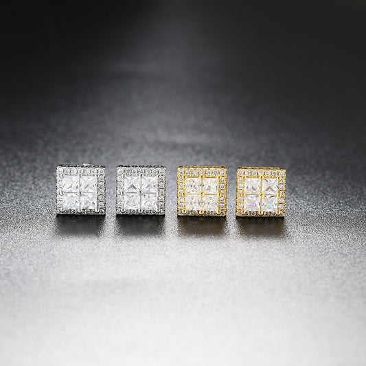 18k Layered Real Gold Filled Square pave earrings hip hop icedout screwback #24