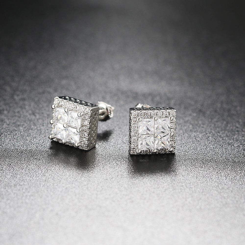 18k Layered Real Gold Filled Square pave earrings hip hop icedout screwback #24