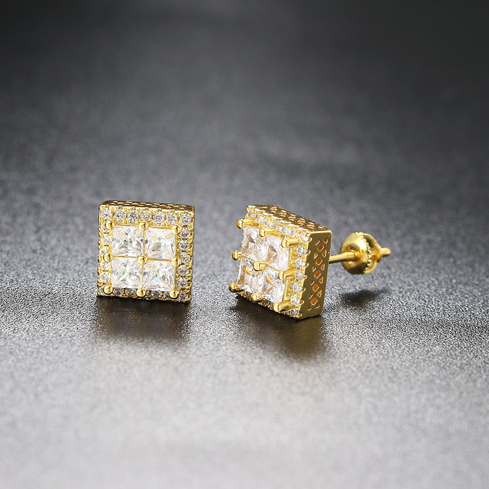 18k Layered Real Gold Filled Square pave earrings hip hop icedout screwback #24