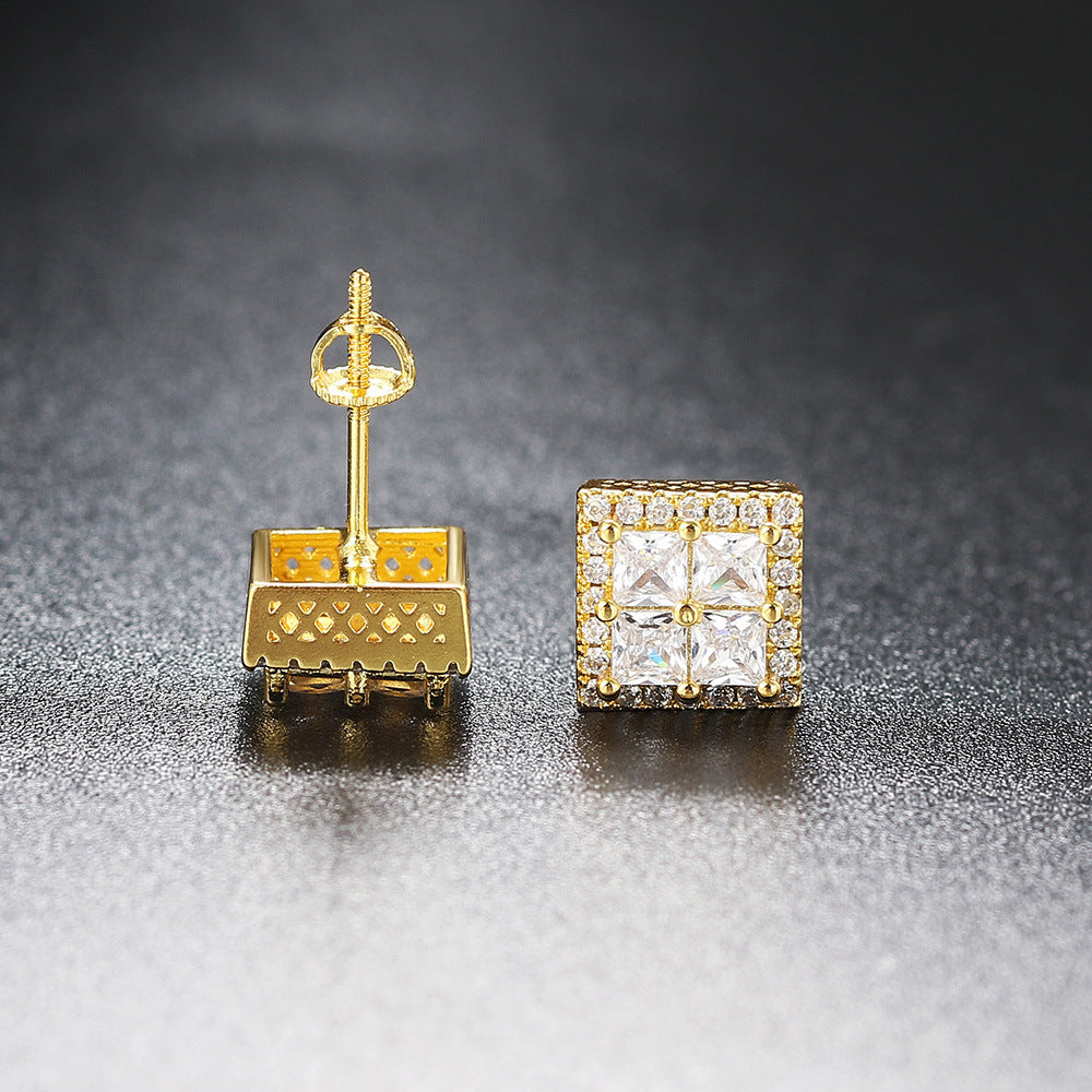 18k Layered Real Gold Filled Square pave earrings hip hop icedout screwback #24