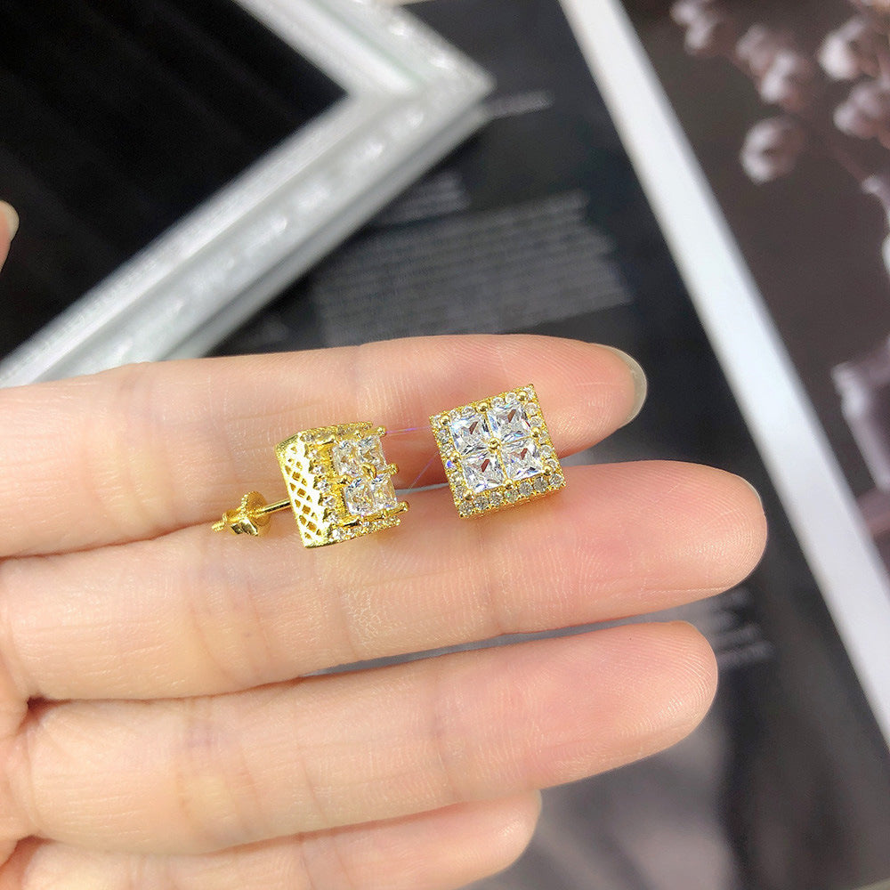 18k Layered Real Gold Filled Square pave earrings hip hop icedout screwback #24