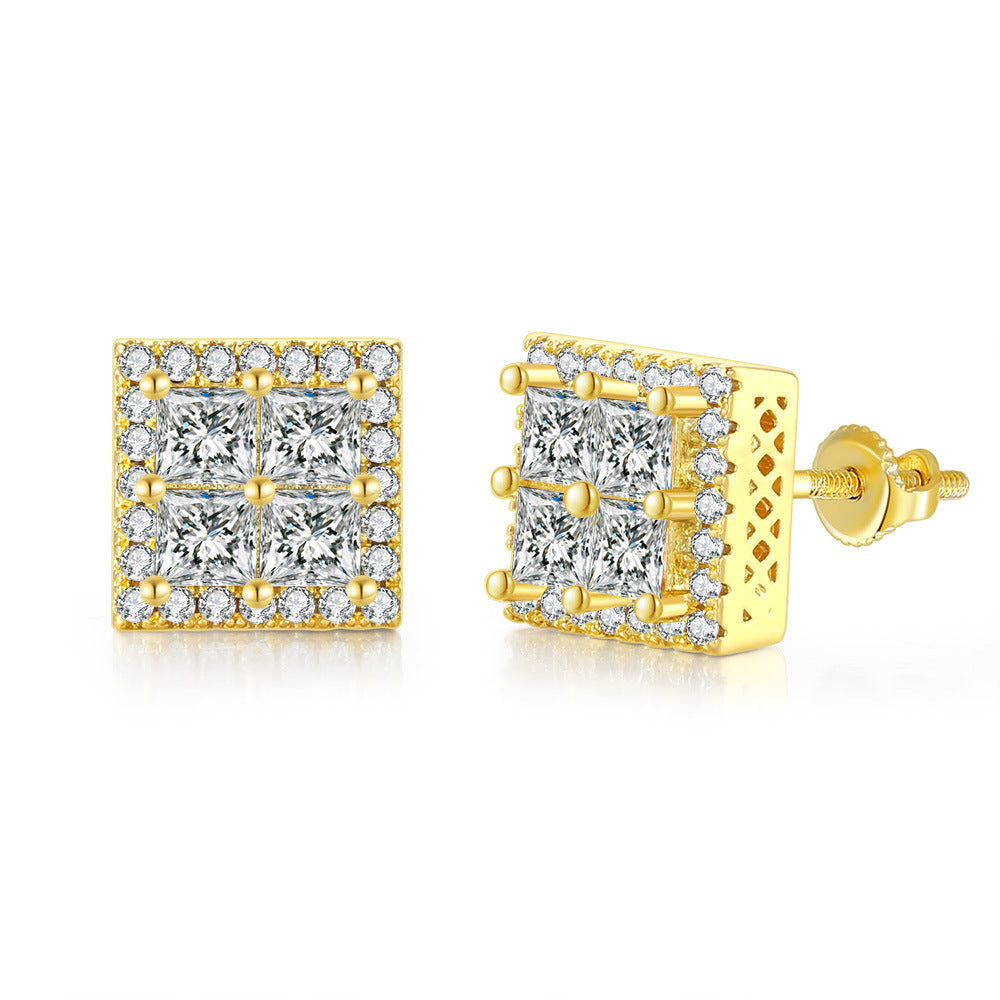 18k Layered Real Gold Filled Square pave earrings hip hop icedout screwback #24
