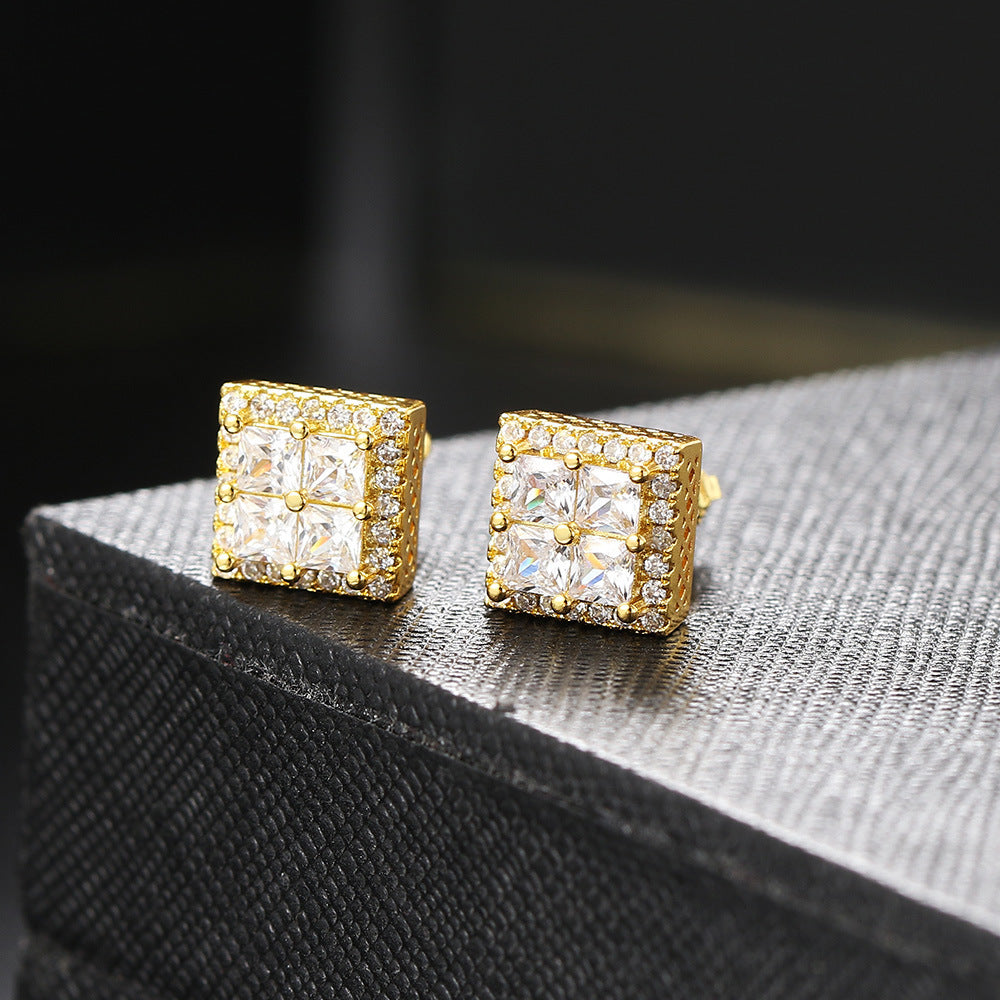 18k Layered Real Gold Filled Square pave earrings hip hop icedout screwback #24