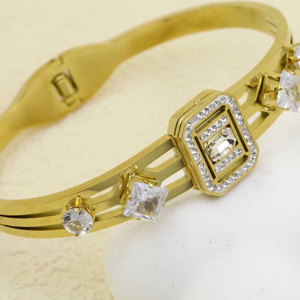 18k Layered Real Stainless Steel Solid Fancy Bangle Cubic Zirconia #11