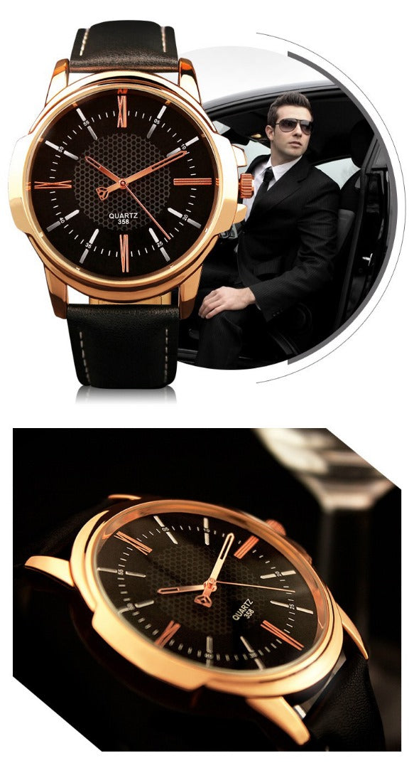 Luxury Presidential Watch Black Face Leather Band Stainless Steel Gold Color #11