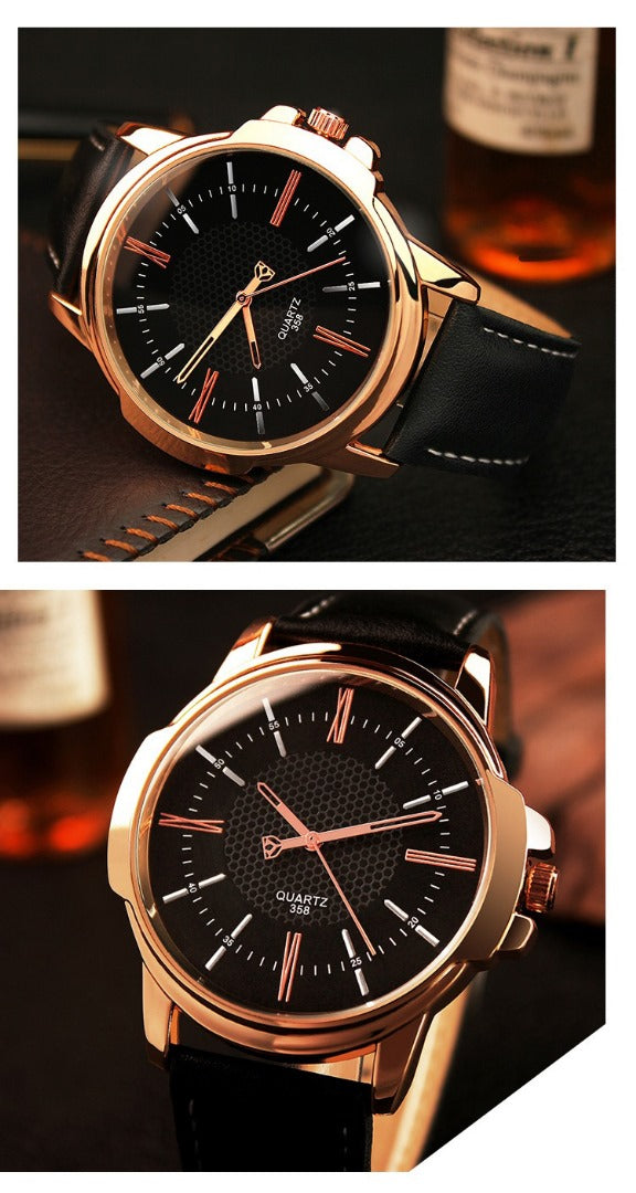 Luxury Presidential Watch Black Face Leather Band Stainless Steel Gold Color #11