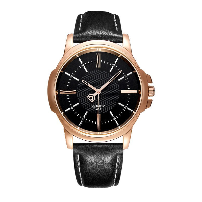 Luxury Presidential Watch Black Face Leather Band Stainless Steel Gold Color #11