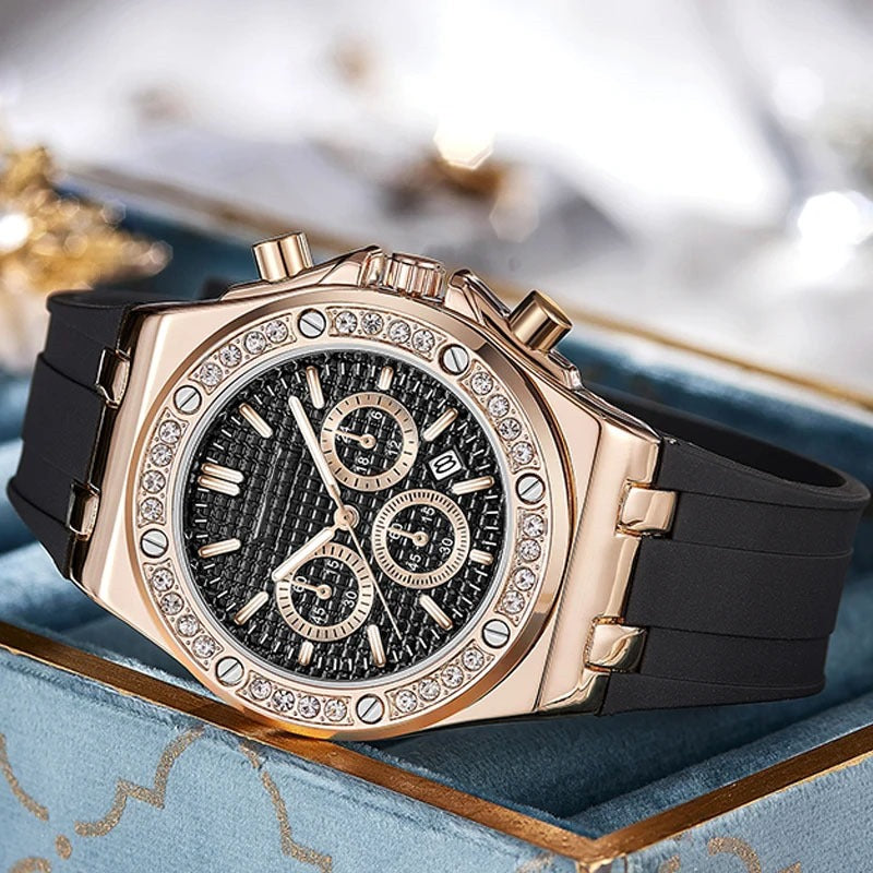 Luxury Presidential rose gold color watch black face rubber band #12