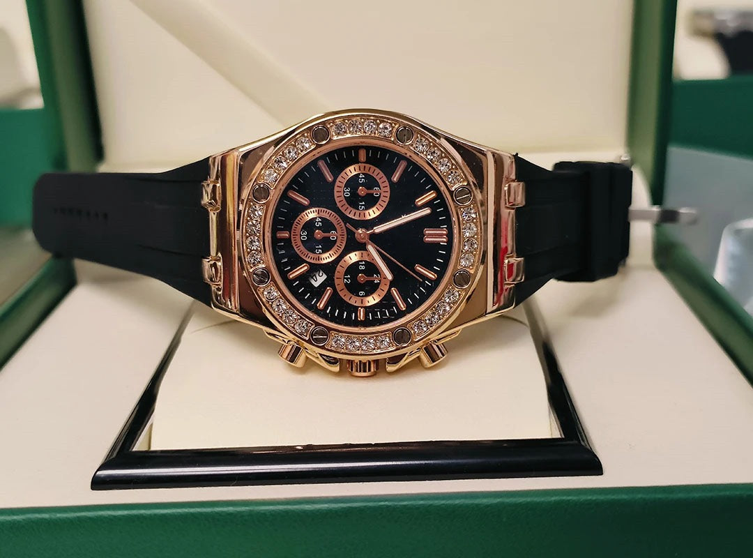 Luxury Presidential rose gold color watch black face rubber band #12