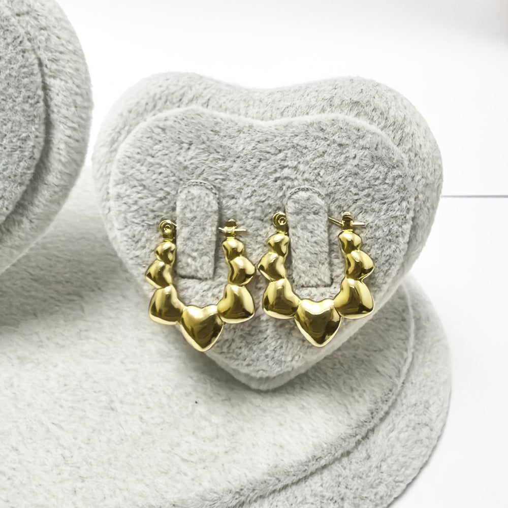 18k Layered Real Gold Filled hearts bamboo hoop earrings #89