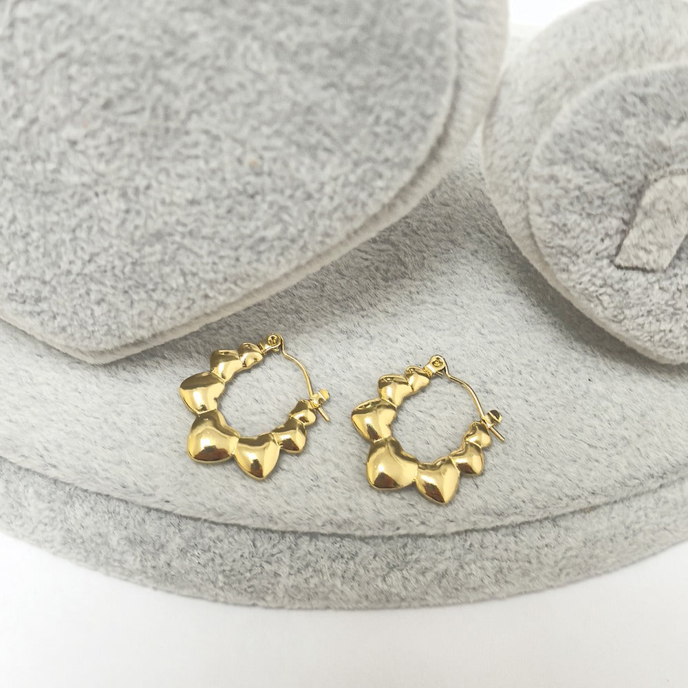 18k Layered Real Gold Filled hearts bamboo hoop earrings #89