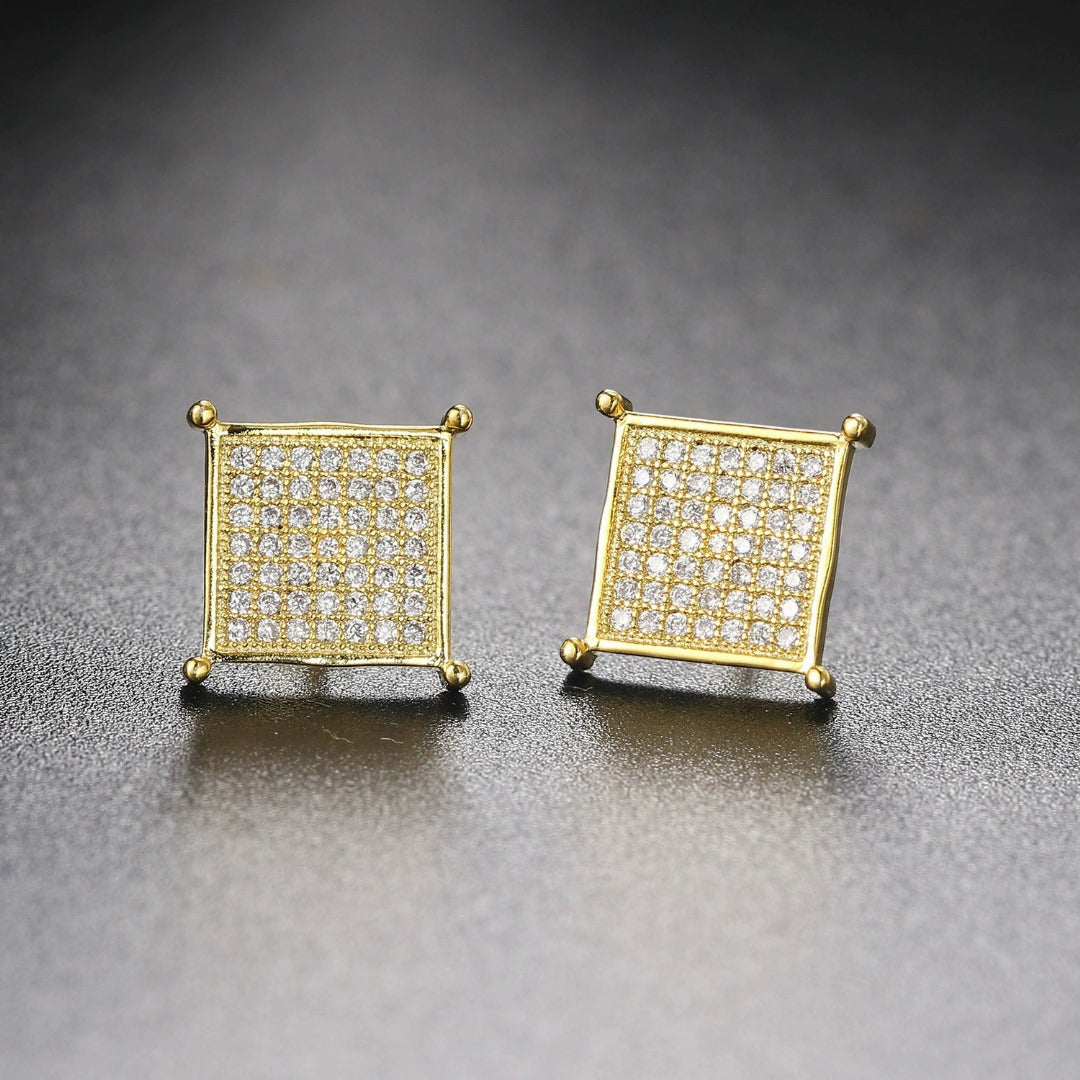 18k Layered Real Gold Filled Square icedout pave settings scrowback earrings hip hop #25