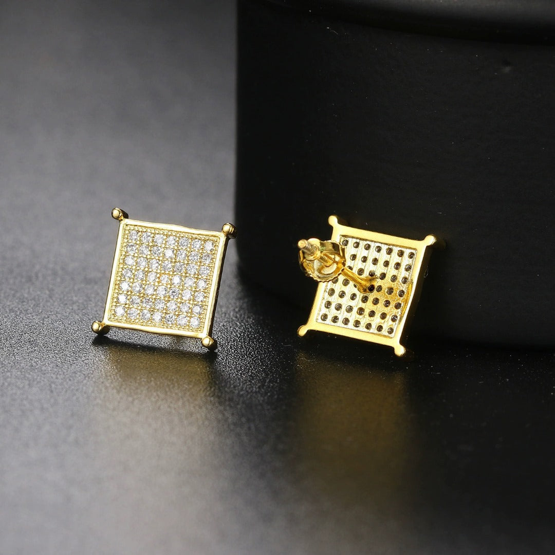 18k Layered Real Gold Filled Square icedout pave settings scrowback earrings hip hop #25