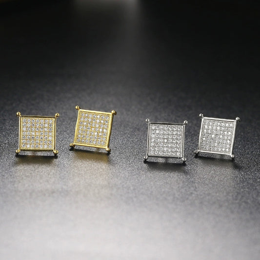 18k Layered Real Gold Filled Square icedout pave settings scrowback earrings hip hop #25