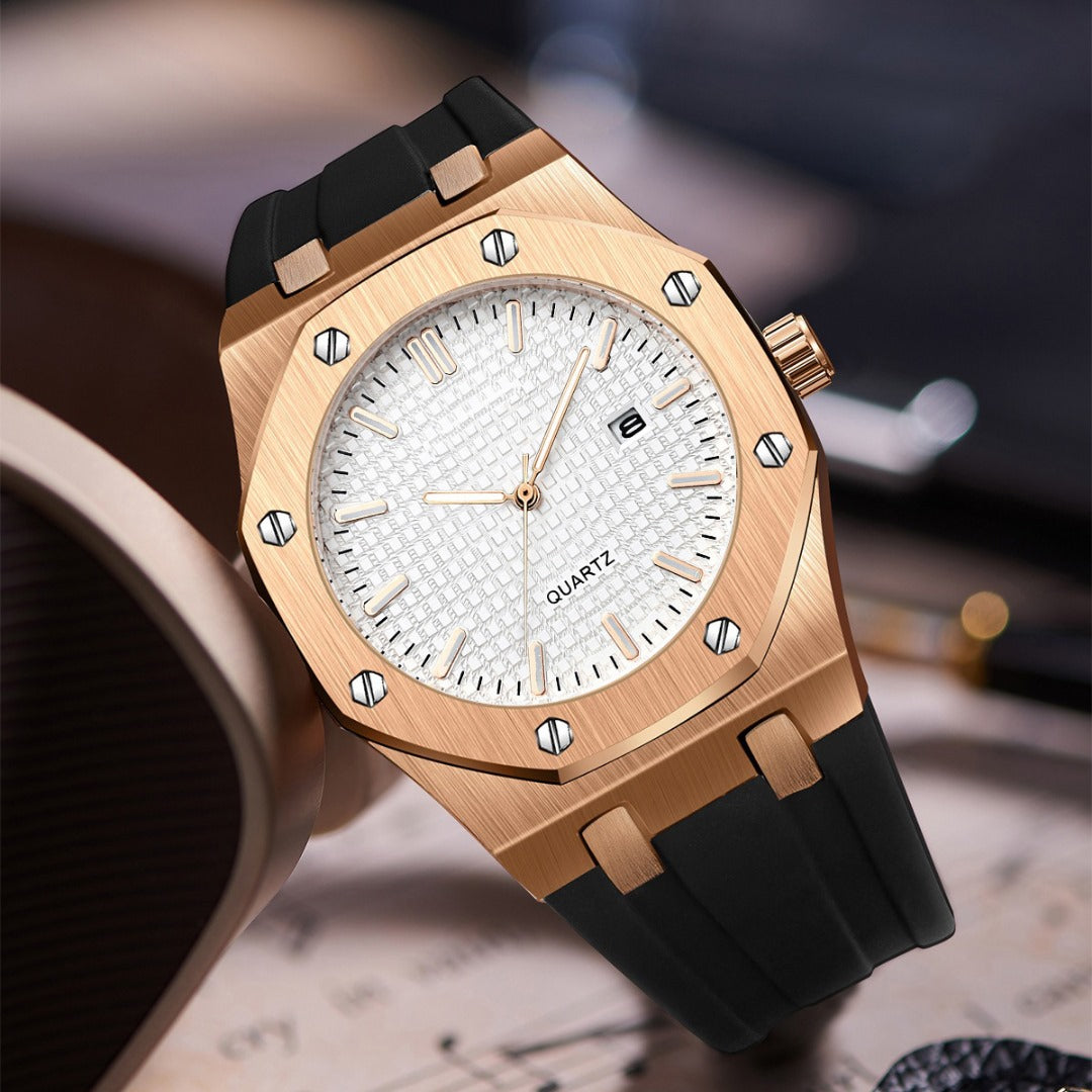 Luxury Presidential rose gold color watch white face rubber band stainless steel #14