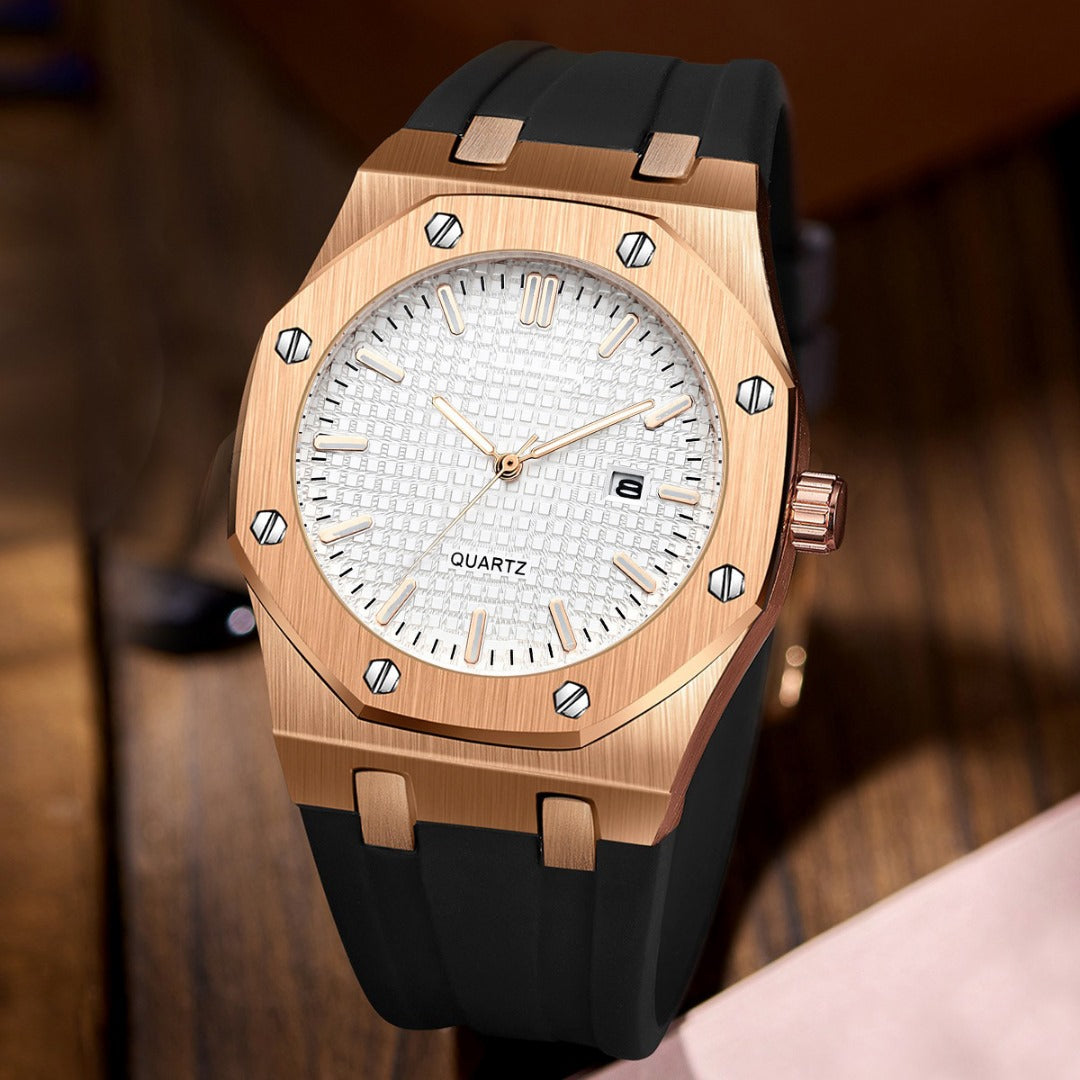 Luxury Presidential rose gold color watch white face rubber band stainless steel #14