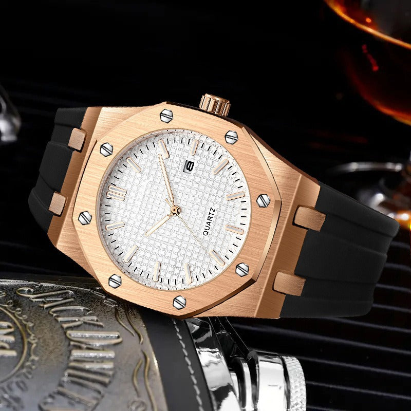 Luxury Presidential rose gold color watch white face rubber band stainless steel #14