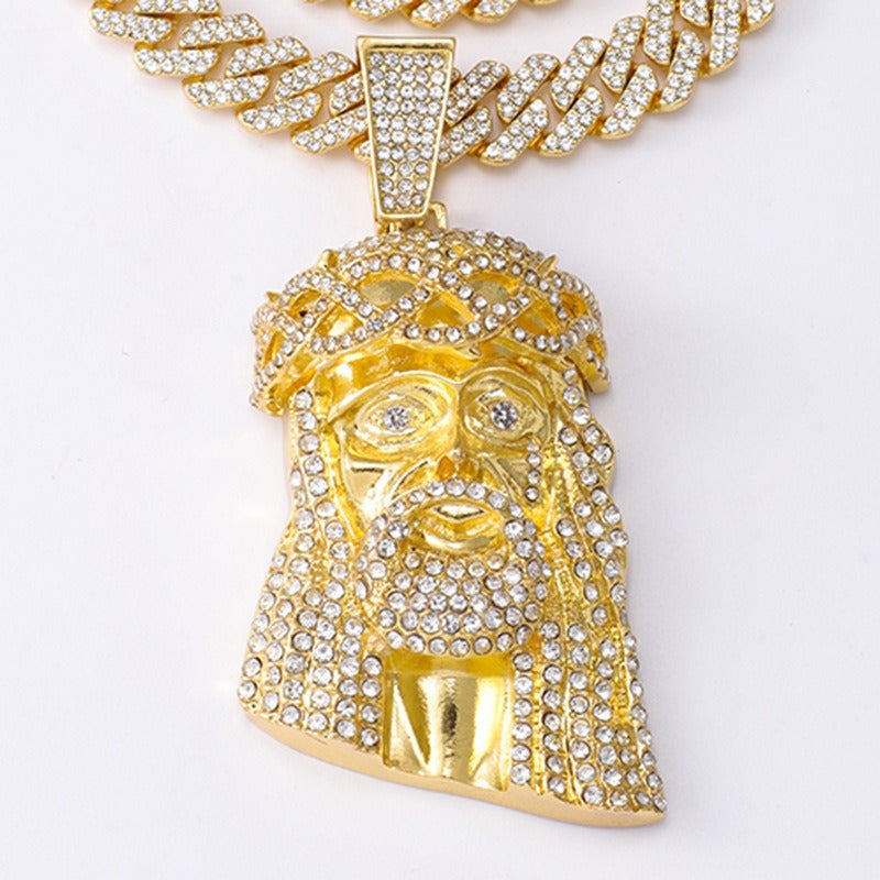 18k Layered Real gold Plated icedout chain with jesus face 3D pendant charm hip hop #46