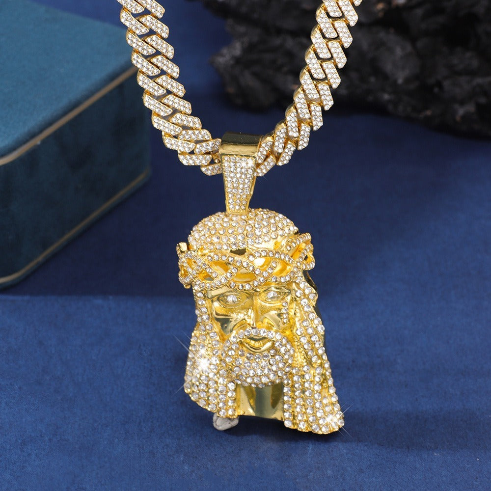 18k Layered Real gold Plated icedout chain with jesus face 3D pendant charm hip hop #46