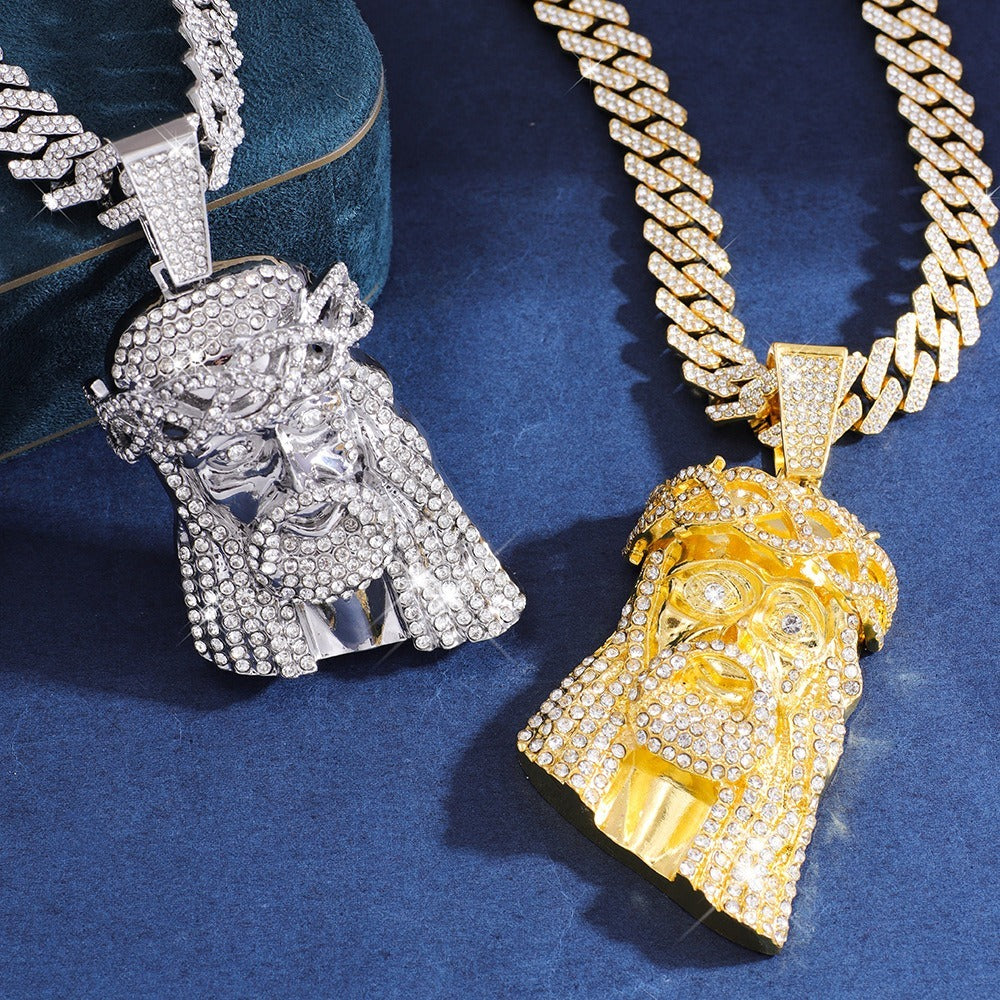 18k Layered Real gold Plated icedout chain with jesus face 3D pendant charm hip hop #46