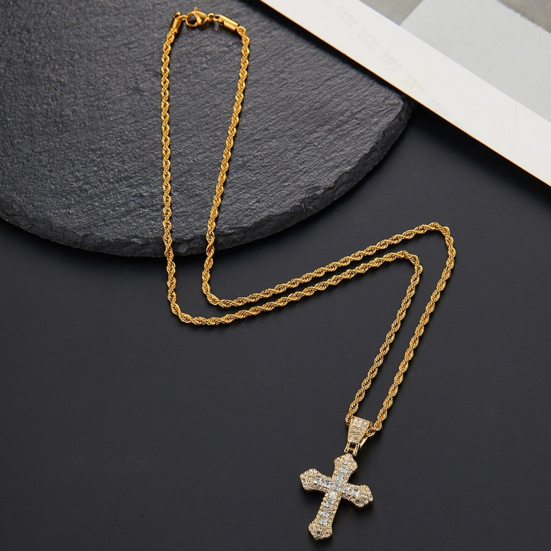 18k Layered Real Gold Plated icedout hip hop cross pendant with necklace chain #47