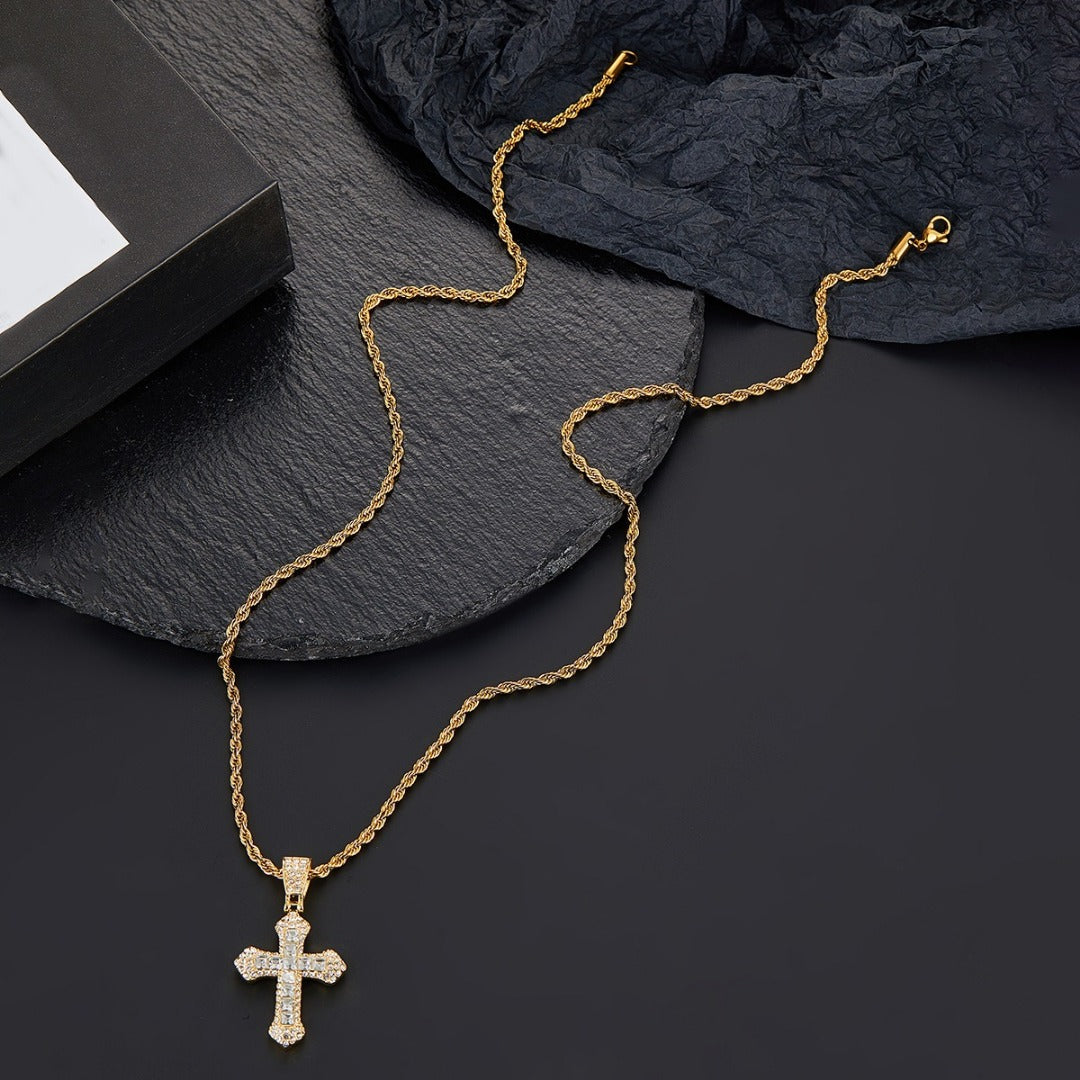 18k Layered Real Gold Plated icedout hip hop cross pendant with necklace chain #47