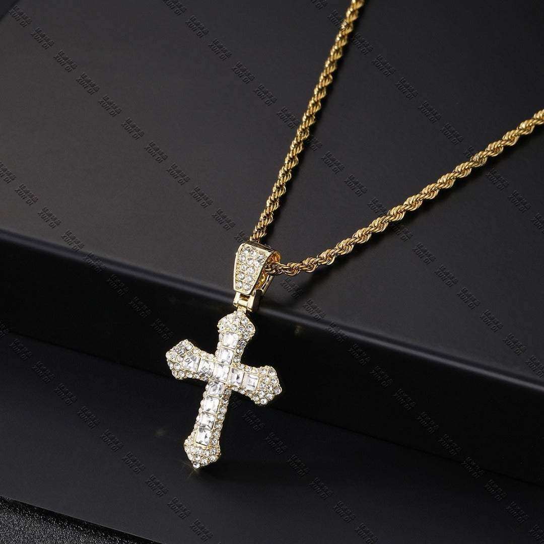 18k Layered Real Gold Plated icedout hip hop cross pendant with necklace chain #47