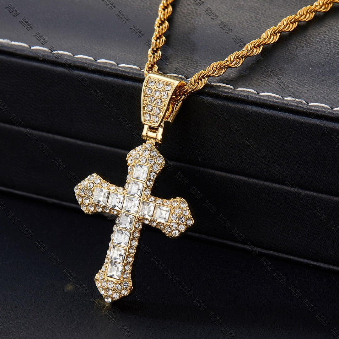 18k Layered Real Gold Plated icedout hip hop cross pendant with necklace chain #47