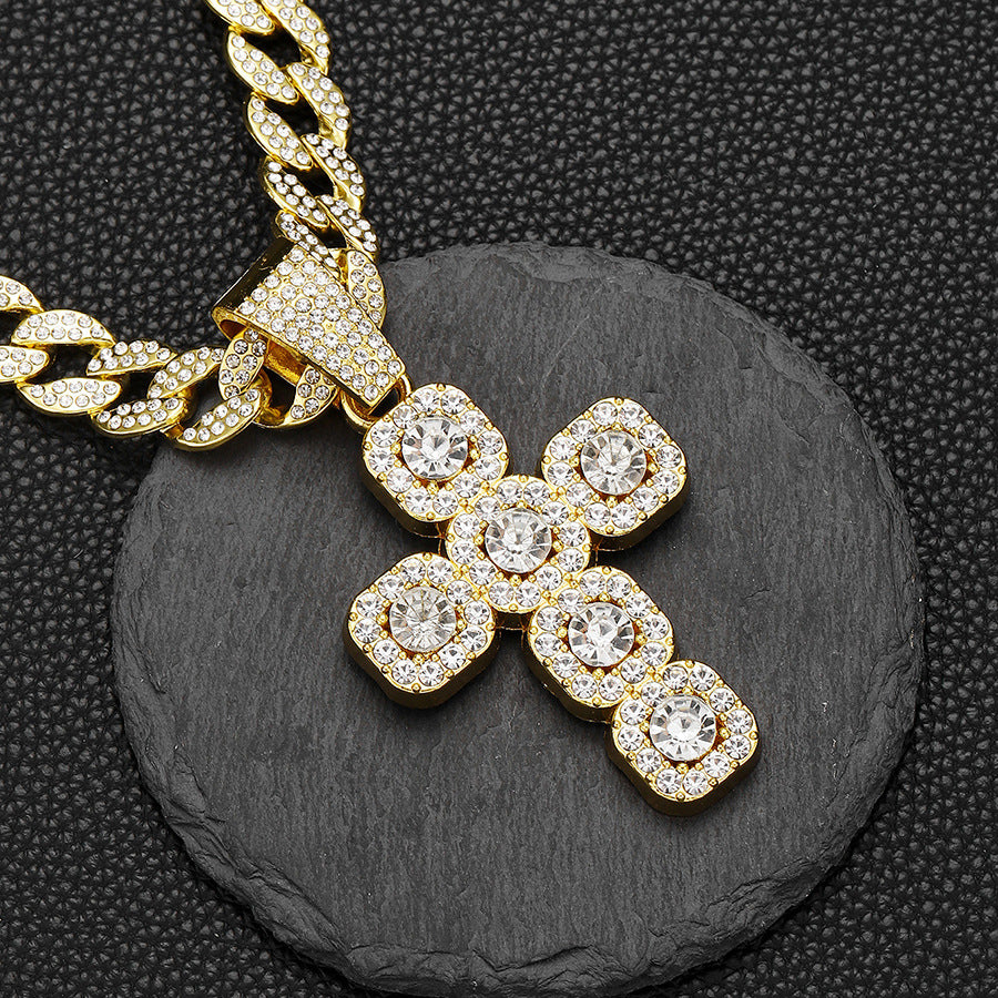 18k Layered Real Gold Plated icedout hip hop cross pendant charm with icedout chain #48