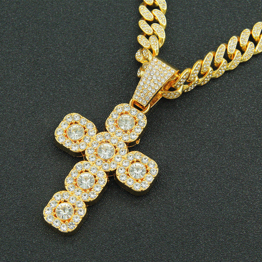 18k Layered Real Gold Plated icedout hip hop cross pendant charm with icedout chain #48