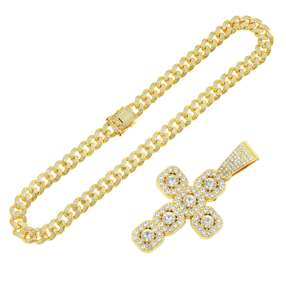 18k Layered Real Gold Plated icedout hip hop cross pendant charm with icedout chain #48