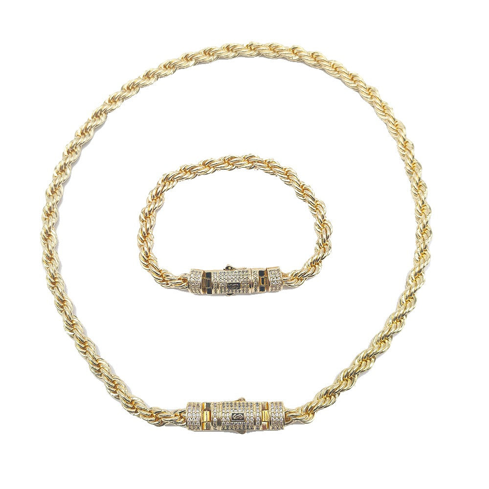 Hip hop rope links set necklace bracelet icedout lock gold Plated #186